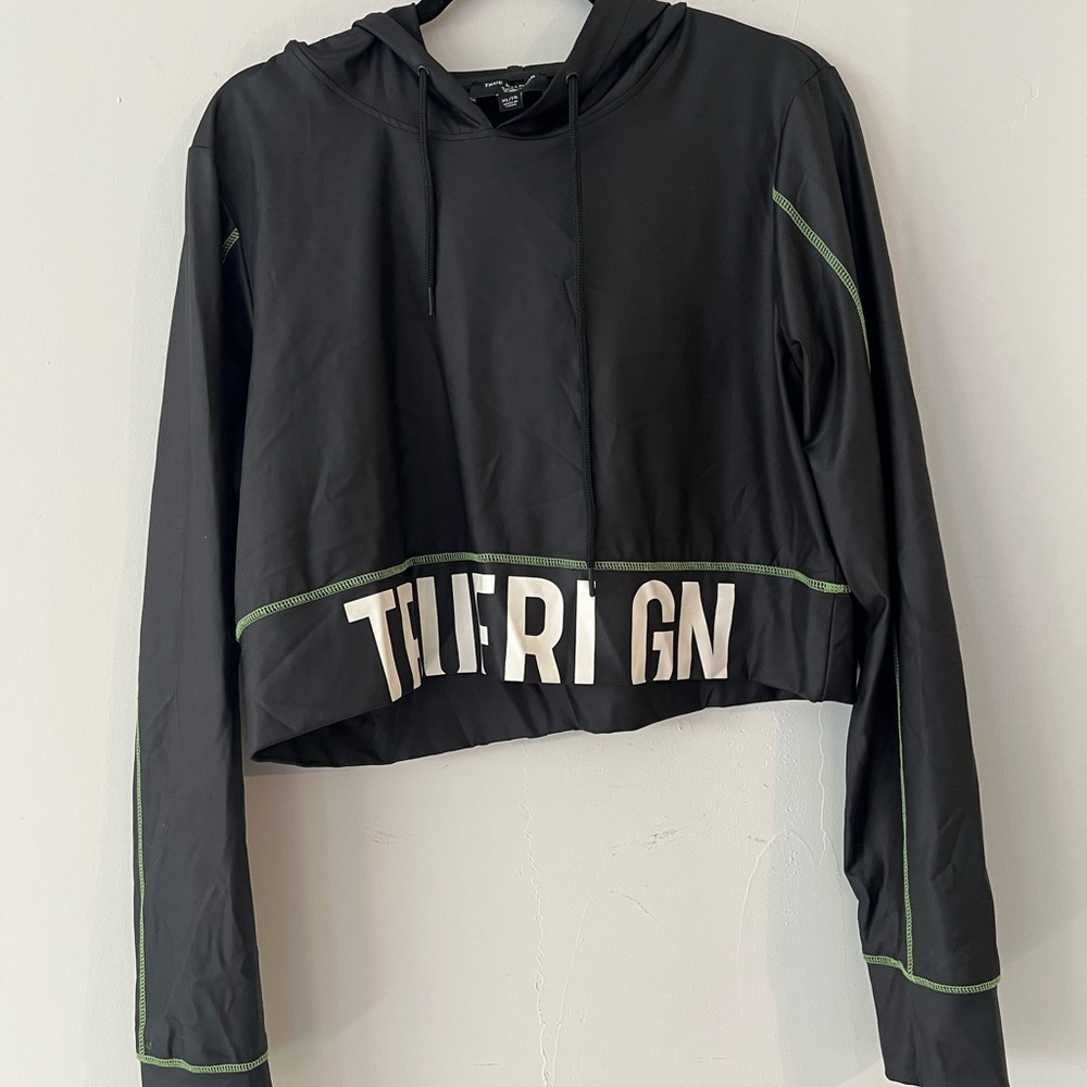 True Religion Black Cropped Hoodie with Green Stitching
